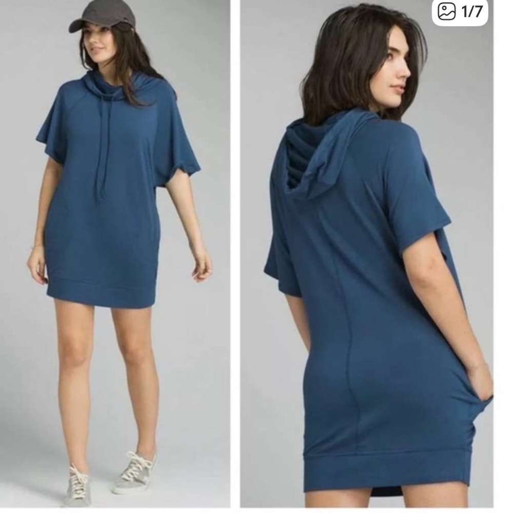 Prana Womens Blue Hooded Tunic Dress Cowl Neck Pockets dolman sleeve Size M